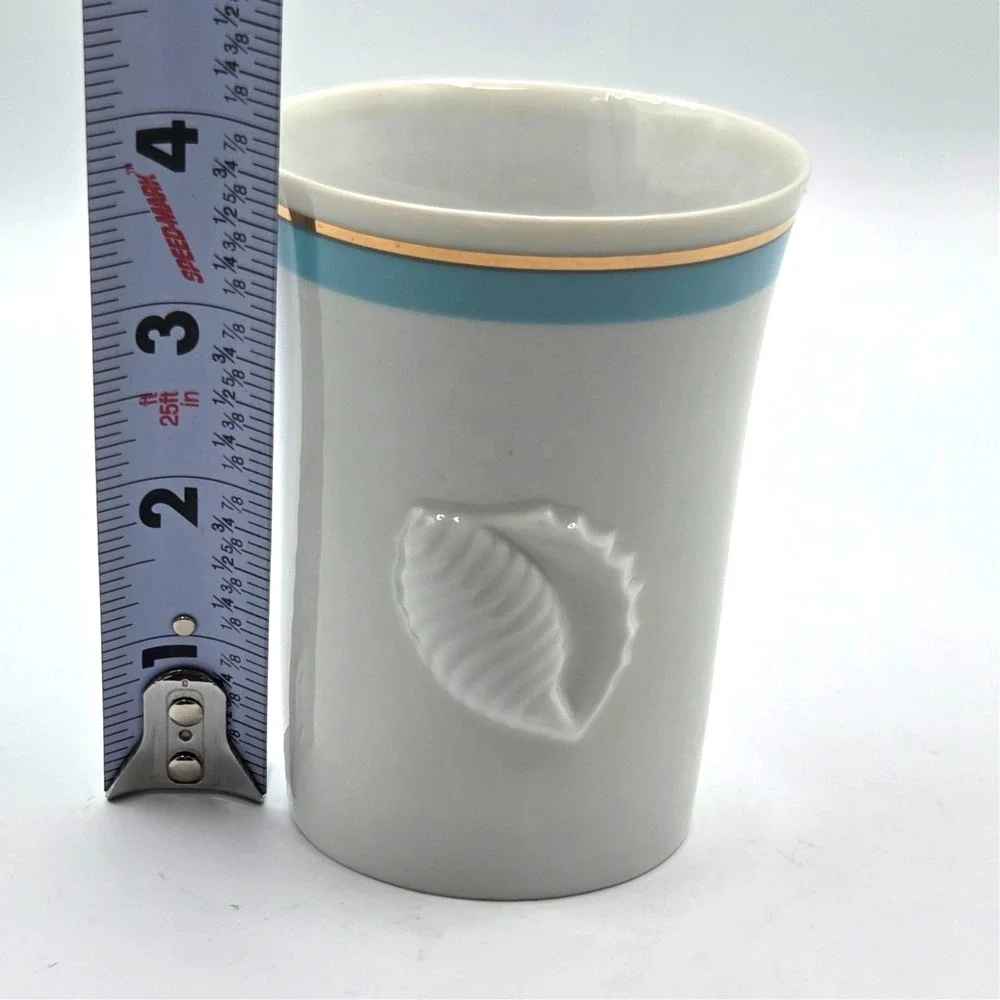 Ben Rickert Seashell Soap‎ Dish and Tumbler White with Blue Gold Trim BEACH